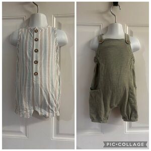 Lot of 2 12M Carter's Blue/Brown striped/Solid Sage sleeveless rompers.  In EUC!